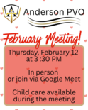 PVO meeting announcement graphic with date and time February 12 at 3:30.
